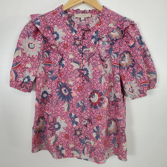 Loft XS blouse pink floral pattern frilly shoulder - Picture 1 of 4